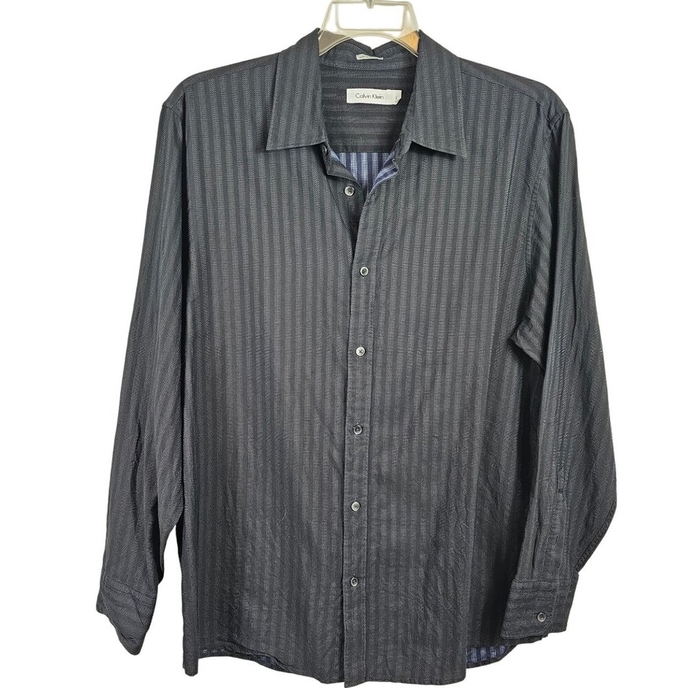 Men Work Business Casual Office Dress Shirt Navy Blue Stripe Gray Calvin Klein L